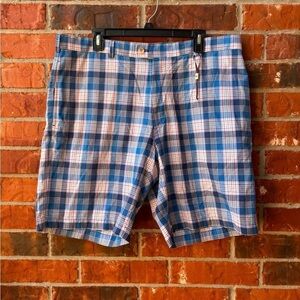 Peter Millar Mens 38 Blue Plaid Flat Front Casual Golf Shorts